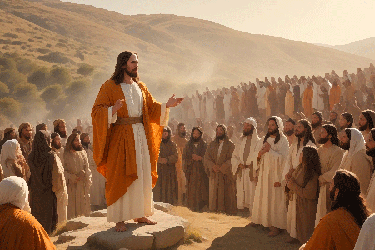Jesus teaching the Beatitudes in the Bible